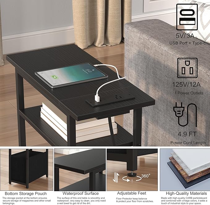 Narrow Side Table with Charging Station, Small End Table for Small Spaces, Skinny Nightstands with Storage Basket, 3 Tier Sofa Couch Bedside Tables for Living Room,Bedroom, Black