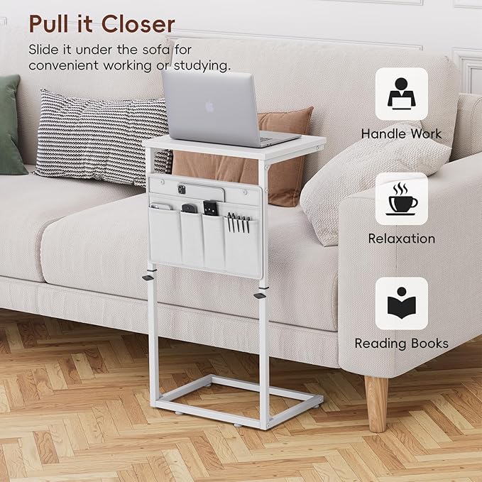 Vagusicc C Shaped End Table, Set of 2 Tall Side Table for Couch, Adjustable Height Small Couch Side Table for Small Spaces, End Table Slide Under Sofa Table TV Tray Arm Table for Living Room, White