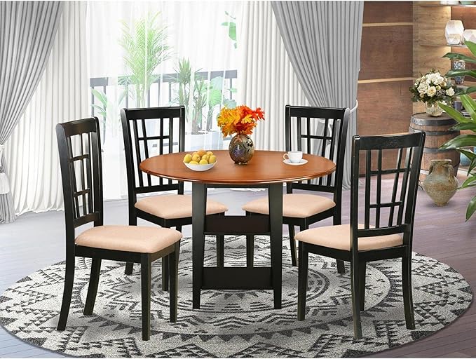East West Furniture SUNI5-BCH-C 5 Piece Dining Set Includes a Round Dining Room Table with Dropleaf & Shelves and 4 Linen Fabric Upholstered Chairs, 42x42 Inch, Black & Cherry