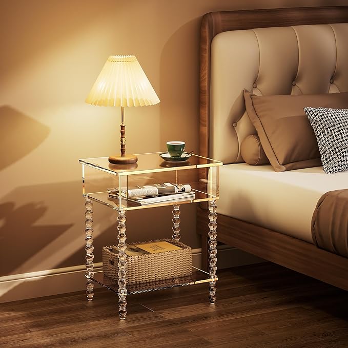 Acrylic Side Table, Clear 3-Tier End Table with Storage, Nightstand for Living Room, Bedroom, Office (Clear, 11.8 ×15.7 × 19.7)