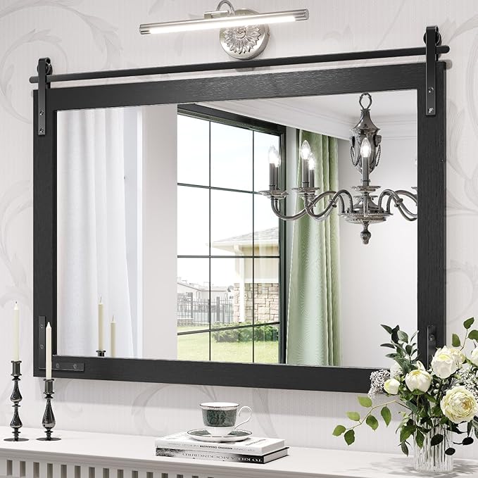 Farmhouse Mirror 40x30 Inch, Black Rustic Bathroom Mirror Vanity, Wood Framed Rectangular Wall Decorative Mirrors for Entryway, Living Room, Bedroom