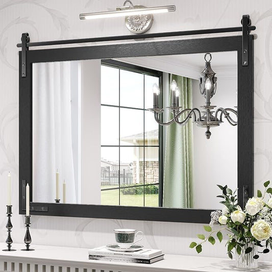 Farmhouse Mirror 40x30 Inch, Black Rustic Bathroom Mirror Vanity, Wood Framed Rectangular Wall Decorative Mirrors for Entryway, Living Room, Bedroom