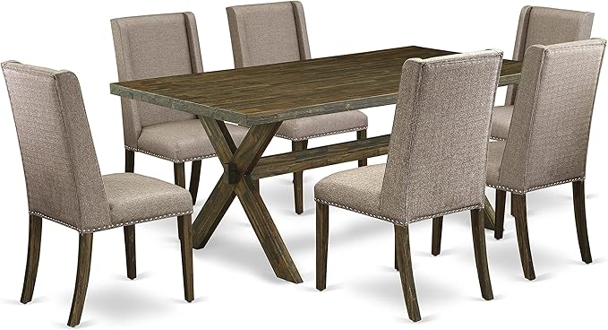 East West Furniture X777FL716-7 7 Piece Dining Room Table Set Consist of a Rectangle Dining Table with X-Legs and 6 Dark Khaki Linen Fabric Upholstered Chairs, 40x72 Inch, Multi-Color