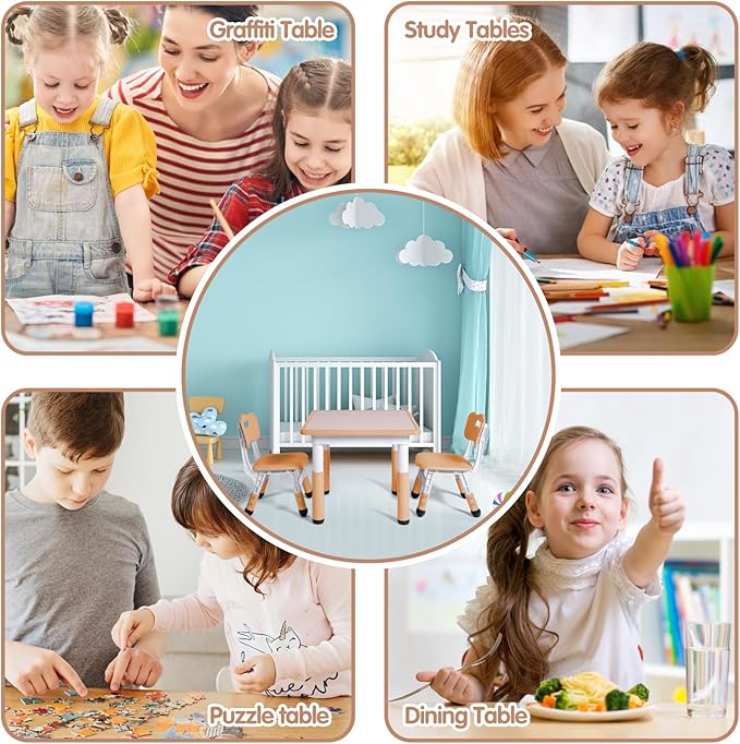 Kids Table and 2 Chairs Set, Height Adjustable Toddler Study Table and Chair Set, Kid Size for Ages 3-8 Children, Graffiti Desktop, Easy to Wipe/Arts & Crafts, Homes/Classrooms/Daycare (Beige)
