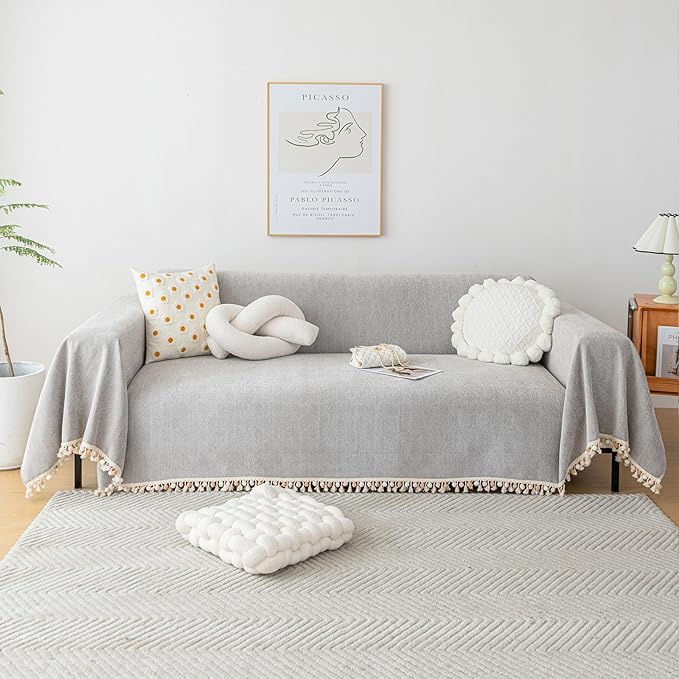 HANDONTIME Grey Sofa Cover for 3 Seat Couch - Boho Couch Cover - Light Grey Tassel Chenille Herringbone Sofa Covers - 91" X150" Sectional Cover