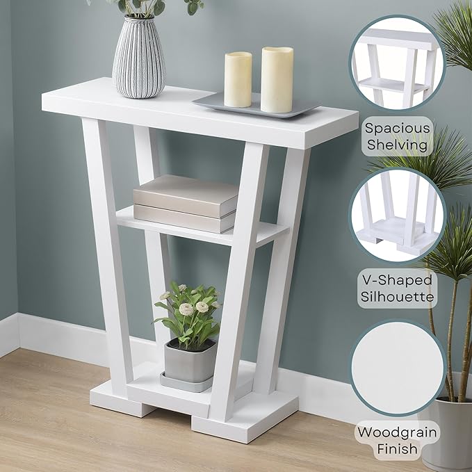 Convenience Concepts Newport V Console Modern Sofa Storage Shelves, Narrow Entryway Hall Living Room, Display Accent Table, 31.5", White