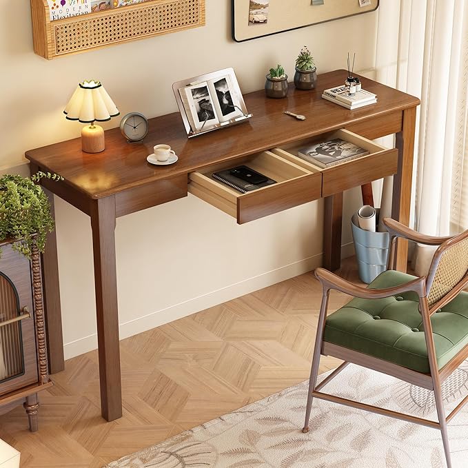 Solid Wood Desk with Drawers - 47 x 16 Inch Vintage Narrow Desks, Mid Century Modern Desks, Rubber Wood Study Table, Small Writing Desk for Bedroom|Small Spaces - Walnut Color