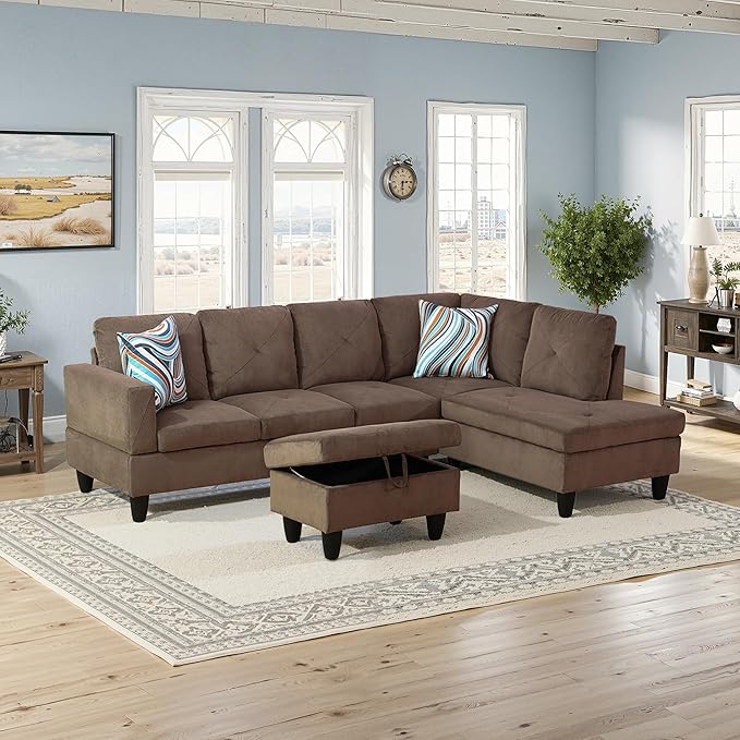 NicBex Sectional Couch 3 Pieces Sofa Set with Left Chaise Corduroy L Shaped Cloud Couch for Living Room Furniture Sets with Storage Ottoman, Modular Sofa for Living Room & Apartment, Brown