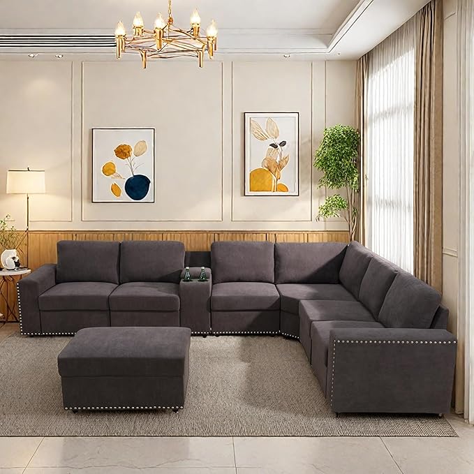 Sectional Couches for Living Room, Modular Sectional Sofa with Ottoman, Modern L Shaped Couch with Chaise for Bedroom & Office, Brown