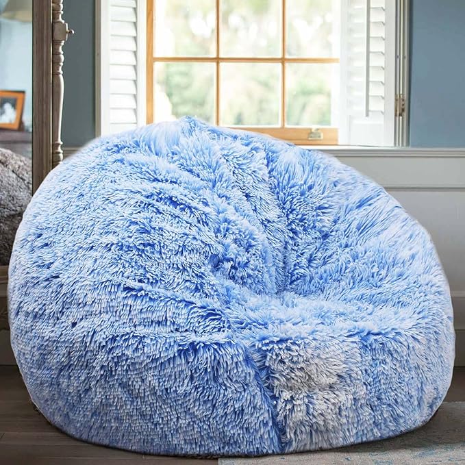 Fluffy Bean Bag Chair, 3FT Round Memory Foam Filled Bean Bag for Teens & Kids, Ultra Soft Faux Fur Fabric Bean Bag Chairs for Playroom, Living Room, Bedroom, Blue