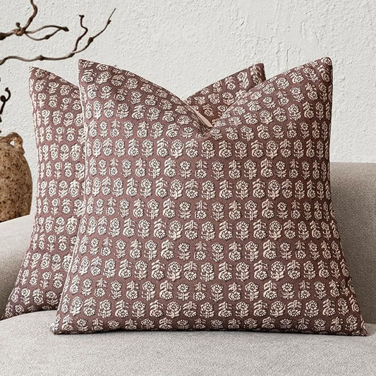 Foindtower Set of 2 Decorative Neutral Floral Print Throw Pillow Covers Vintage Accent Farmhouse Cushion Covers Boho Home Decor for Sofa Couch Chair Bedroom Living Room Outdoor,20×20 Inch,Wine Red
