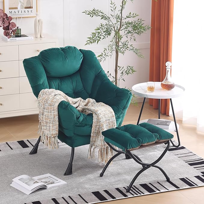 Oversized Chair with Ottoman, Modern Chair with Folding Footrest, Lounge Accent Chair, Comfortable Reading Chair for Bedroom, Study, Living Room, Courtyard (Velvet Dark Green