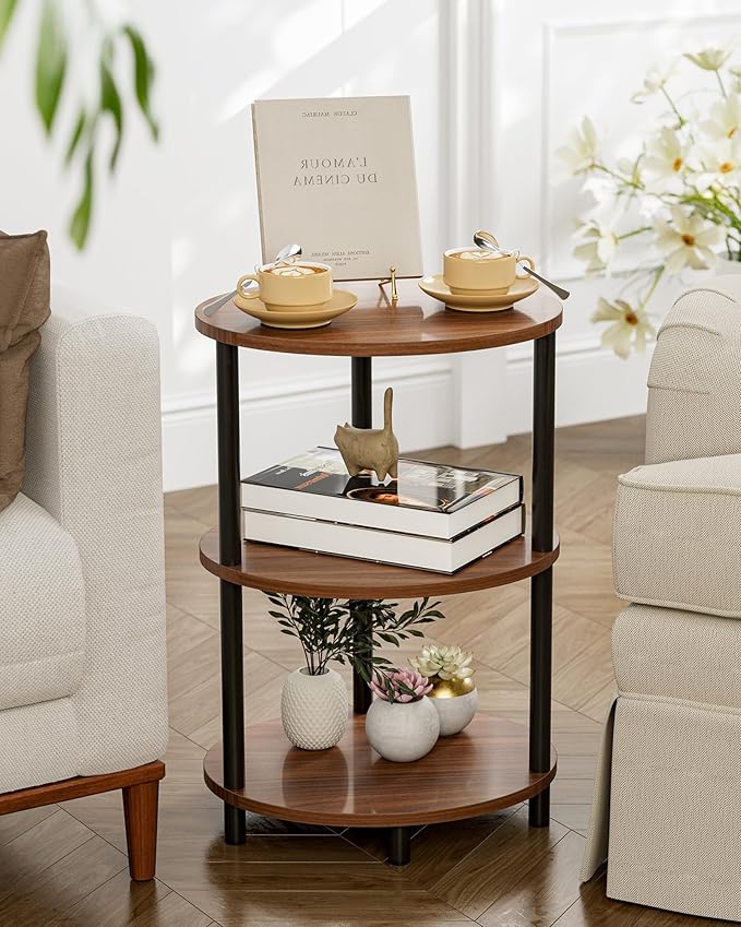 Small Round Side Table - 3-Tier Oval Accent Table for Small Spaces, Rustic Wood and Metal Couch End Table, Nightstand for Bedroom or End Table Living Room, Easy to Assemble, Rustic Walnut