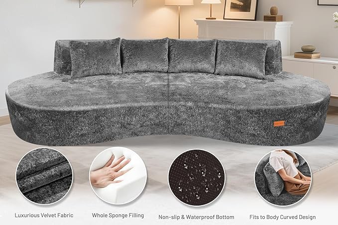 Homguava 104'' Modular Sectional Sofa,Curved Modern Sofa with Memory Foam,Deep Seat Cloud Couch with 4 Pillows,Upholstered Oversized Couches for Living Room Apartment Office,No Assembly Required,Grey