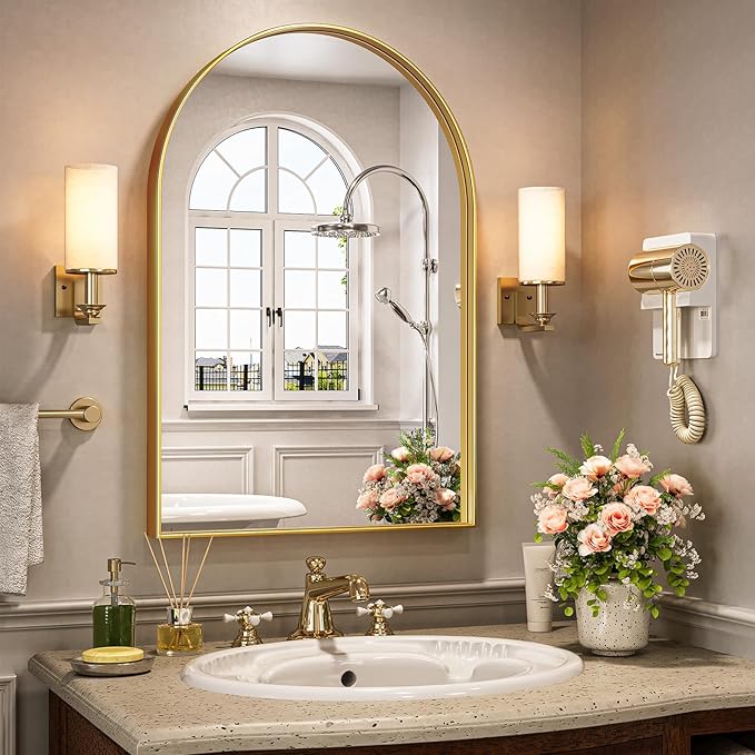 Brightify Arched Mirror, Arched Wall Mirror, 20 x 30 Inch Gold Arch Mirror, Metal Frame Gold Bathroom Mirror, Arched Top Bathroom Vanity Mirror for Living Room Bedroom Mantel Entryway Hallways