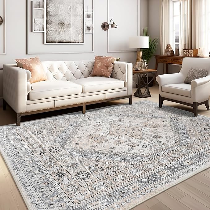 zesthome 9x12 Area Rugs,Stain Resistant Washable Rug,Ultra-Thin Rugs for Living Room,Bedroom,Non-Slip Backing Home Decor Large Area Rug (Beige,9'x12')