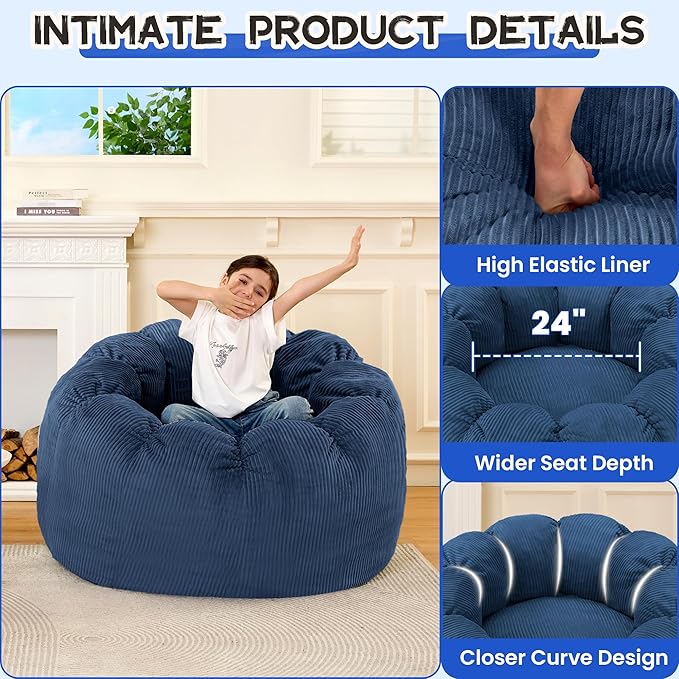 HABUTWAY Giant Bean Bag Chair for Adults/Kids/Teens, Pumpkin Bean Bag Couch Comfy Reading Chair for Bedroom, Corduroy Lazy Sofa Loughe Chair with Wider Seat Depth & Non-Slip Bottom(Blue)