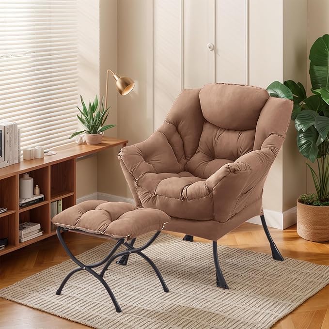 Large Lazy Chair with Ottoman, Accent Reading Chair with a Footrest, Cozy Lounge Armchair, Leisure Sofa Armchair for Living Room, Bedroom, Dorm Room, Office