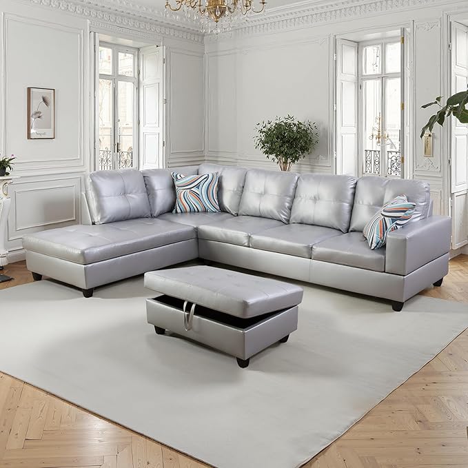 NicBex Sectional Couch 3 Pieces Sofa Set with Right Chaise Synthetic Leather L Shaped Cloud Couch for Living Room Furniture Sets with Storage Ottoman, Modular Sofa for Living Room & Apartment, Silver