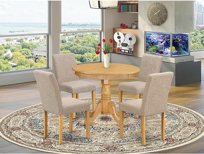 East West Furniture ANAB5-OAK-04 5 Piece Dining Table Set for 4 Includes a Round Kitchen Table with Pedestal and 4 Light Tan Linen Fabric Parson Dining Chairs, 36x36 Inch, Oak