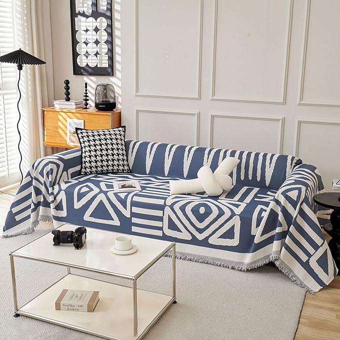 STACYPIK Boho Chenille Blue Sofa Cover L Shaped Couch Cover Reversible Couch Cover for 3 Cushion Couch Non-Silp Furniture Cover for Dogs Cats Sectional Sofa Cover for Loveseat Futon Cover-91X118IN