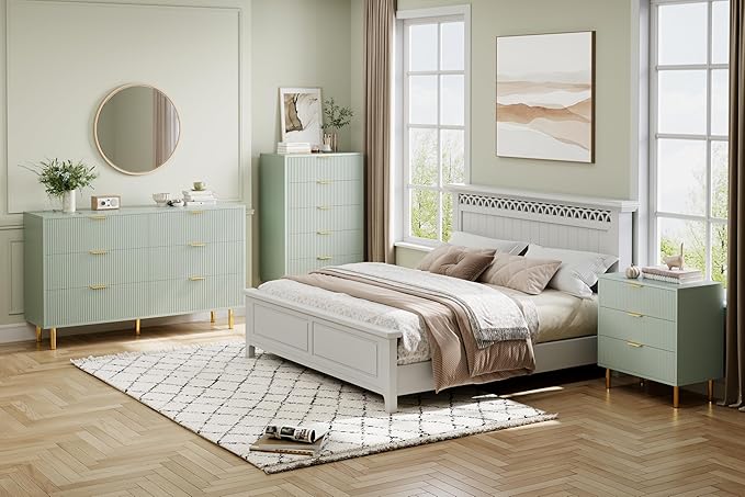 Green Dresser, Modern 5 Drawer Dresser for Bedroom with Gold Handle and Large Drawer, Wood Double Chest of Drawers and Storage Organizer for Living Room, Hallway, Entryway