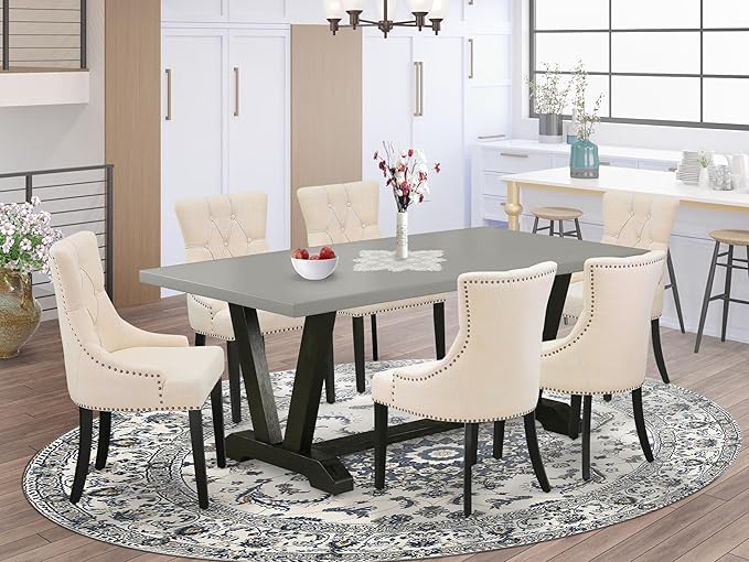 East West Furniture V697FR102-7 7 Piece Dining Table Set Consist of a Rectangle Dining Room Table with V-Legs and 6 Light Beige Linen Fabric Parsons Chairs, 40x72 Inch, Multi-Color