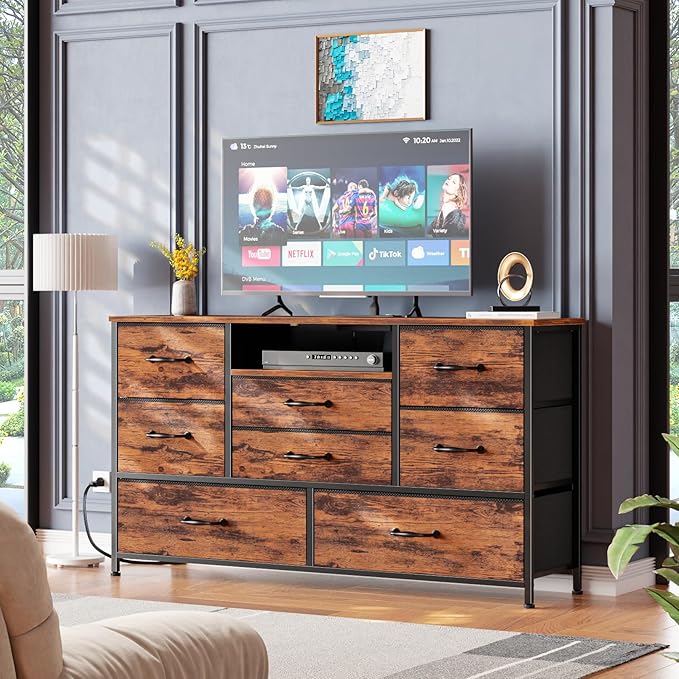 Furnulem Bedroom Dresser TV Stand with 8 Drawers, Long Chest of Drawers with Power Outlets Wood Desk Top - for Closet, Living Room Wide Storage Fabric Bins, Industrial Furniture (Rustic Brown)