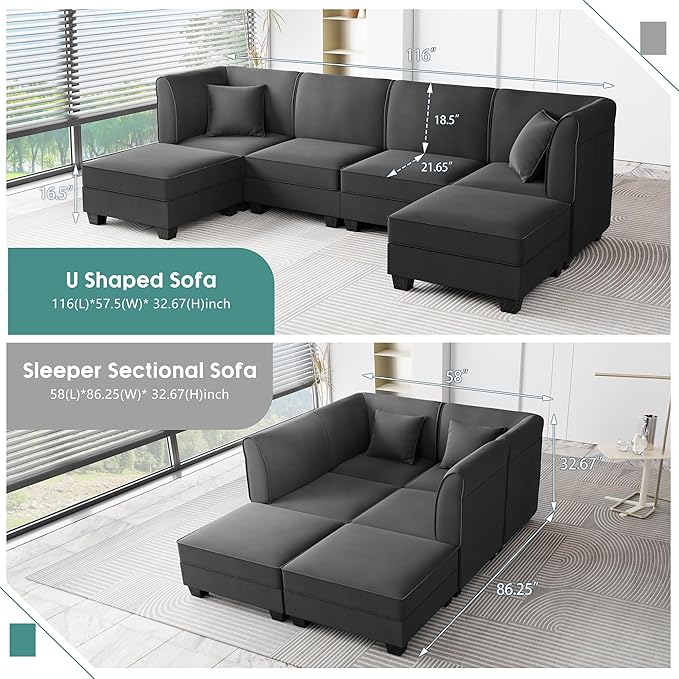 Shintenchi 6 Pieces Sectional Couch Modular Sofa,U Shaped Reversible Chaise Velvet SofaCouch with Cushions,Modular Sectional Sofa with Ottoman for Living Room (Dark Grey)