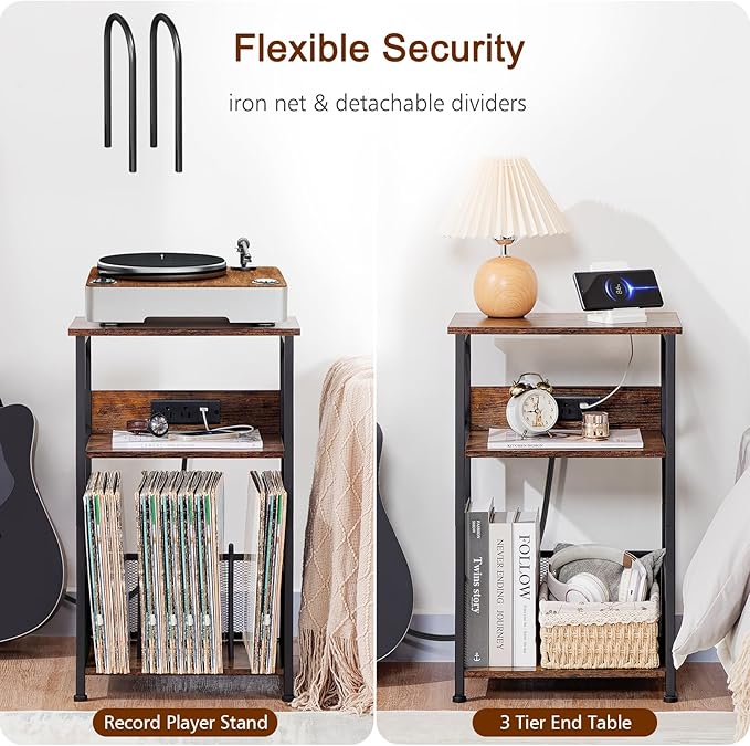 AMHANCIBLE Record Player Stand with Charging Station, Turntable Stand with Storage Cabinet, 3 Tier End Table Hold Up to 100 Albums, Record Table for Vinyl, Living Room, Rustic Brown, HETCD01BR-1