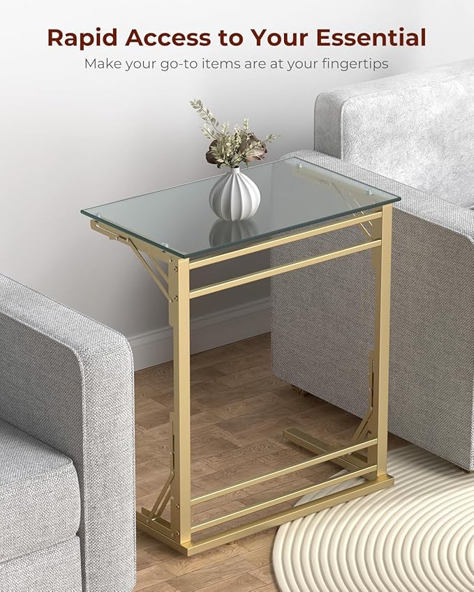 Tatub 24" Folding TV Tray Table, Glass C Shaped End Table for Couch, Small Sofa-Side Laptop Desk with Gold Metal Frame for Living Room, Bedroom, Bedside