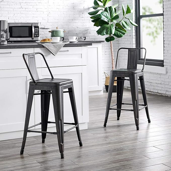 AC Pacific Modern 24” Metal Barstool Set of 2 – Country Rustic Style with Low Back, Lightweight & Sturdy Build, Easy Assembly, Matte Black