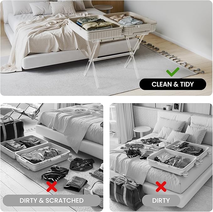 Sumerflos Acrylic Luggage Rack for Guest Room - Foldable Suitcase Stand with Leather Straps for Bedroom Living Room Hotel Heavy-Duty, Holds up to 50-100 lb lightweight Space Saving (Beige & Handle - 2 Pcs)