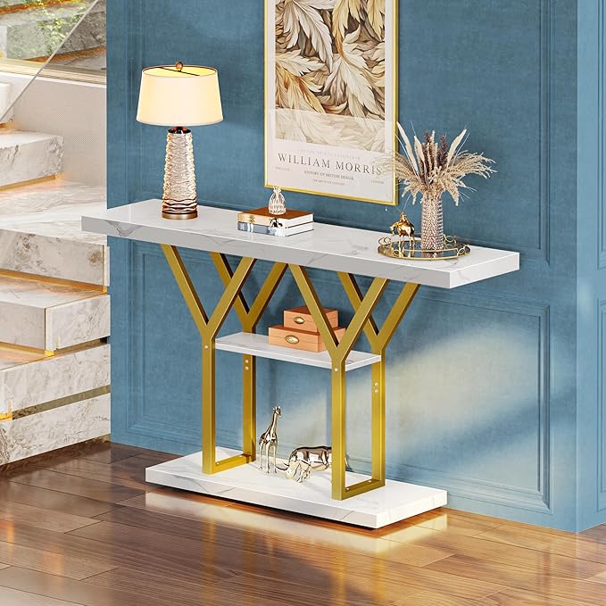 Huuger 47.2 Inch Entryway Table with Marble Top, Industrial Console Sofa Table, 3 Tier Accent Table, for Entry, Hallway, Entrance, Foyer, Y-Shaped Metal Base, Rusitc Brown