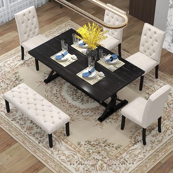 Ball & Cast 6 Piece Dining Table Set with 4 Upholstered Chairs and 1 Bench,Wooden Living Room Furniture for 6 W/ 72" Rectangle Desk,for Small Space,Apartment,Dining Room,Espresso