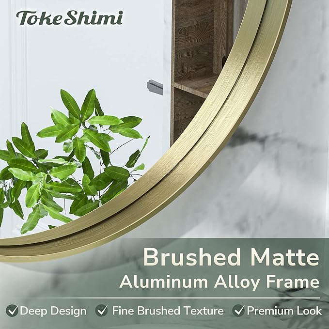 TokeShimi Brushed Gold Round Mirror 24 Inch Gold Round Vanity Bathroom Mirror for Wall Aluminum Alloy Matte Metal Frame Modern Gold Circle Mirror Fit in Minimalist Multi Style Home Decor