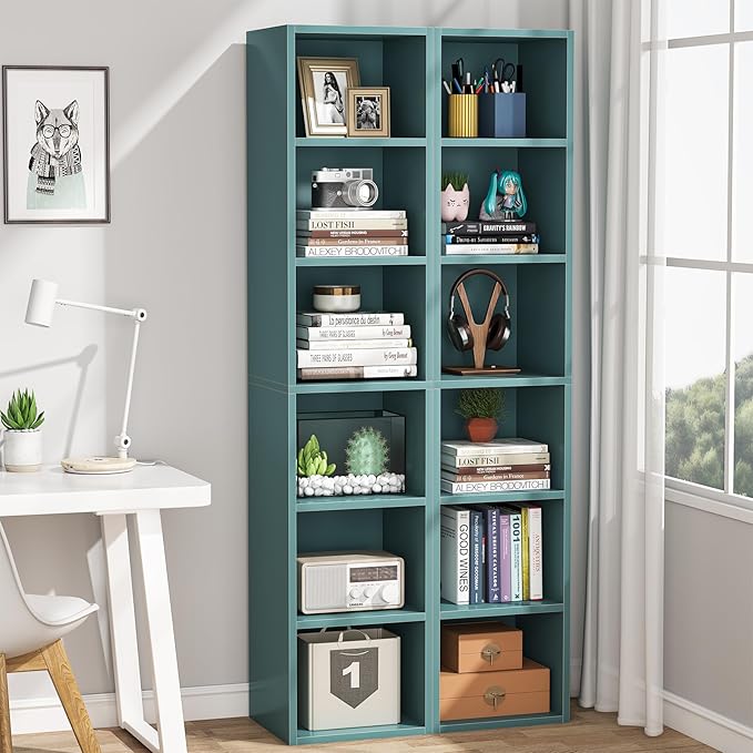 LITTLE TREE 70.9 Inch Tall Narrow Bookcase, Corner Bookshelf 6 Tier Cube Display Shelf Storage Organizer for Small Space, Blue
