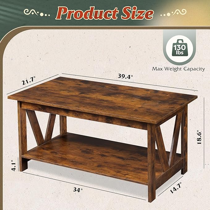 WLIVE Coffee Table with Storage Shelf, 39.4" Farmhouse Coffee Table with V-Frame Support, 2-Tier Wood Rustic Center Table for Living Room, Bedroom & Balcony, Rustic Brown