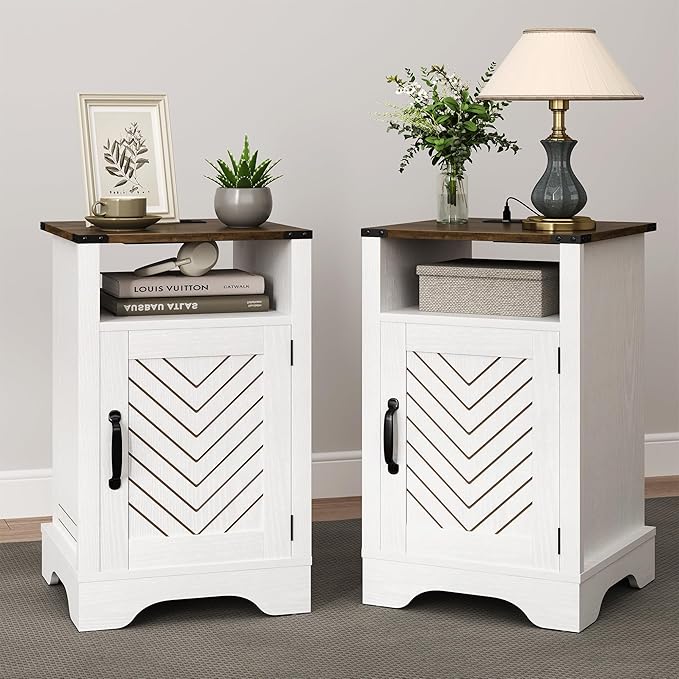 RoyalCraft Set of 1 Farmhouse Nightstand, White End Table with Charging Station, Tall Bedside Table with Large Storage Room and Shelf, Wooden Rustic Nightstand for Bedroom, Home Office