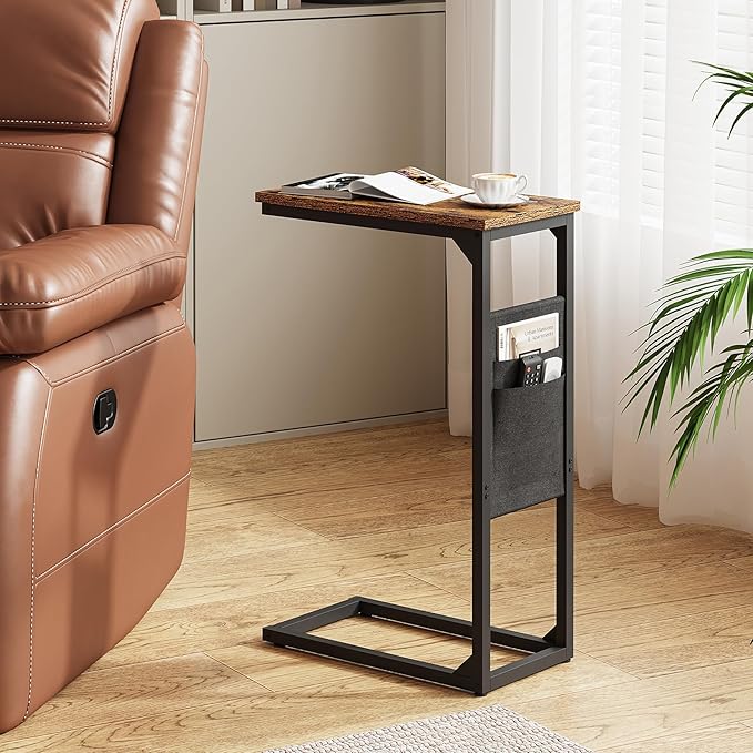 TUTOTAK C Shaped End Table, Side Table for Couch, Sofa Table with Storage Bag, TV Tray for Living Room, Bedroom, Brown TB01BB0822