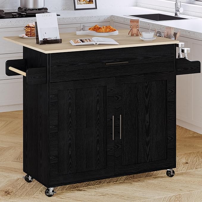 IRONCK Kitchen Island with Storage, Rolling Kitchen Island on Wheels with Drop Leaf, Charging Station, 3 Open Spice Rack, Cabinet, Drawer, Kitchen Cart Island Table for Kitchen, Black