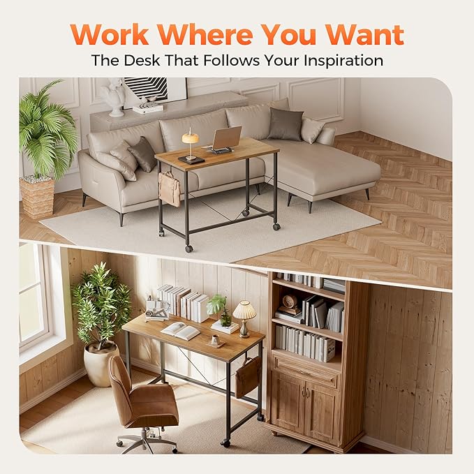 Computer Desk, Gaming Desk for Small Spaces, Modern Simple Style Table for Home Office, Study Student Writing Table (Caster, Light Antique, 48 inch)
