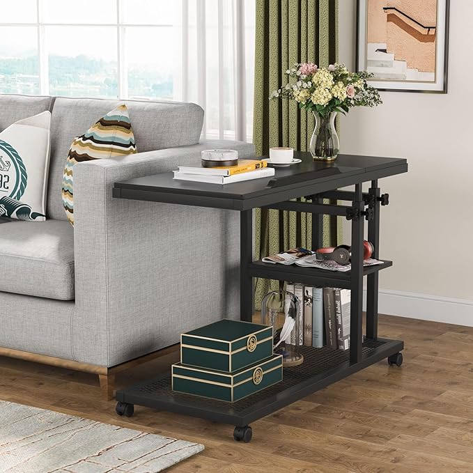 Tribesigns Height Adjustable C Table with Wheels, Mobile Couch Snack Side Table with Tiltable Drawing Board, Sofa Bedside Laptop Stand C Shaped TV Tray with Storage Shelves (Black)