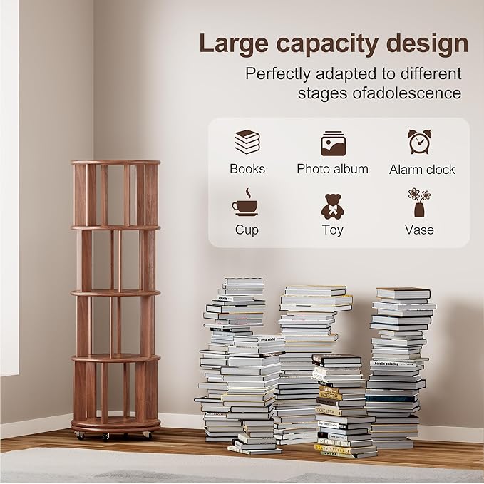 KEIKI Solid Wood 4 Tier Rotating Bookcase, Round Revolving Bookshelf with Lockable Wheels, Space Saving Wide Book Rack for Corner, Office, Bedroom, Walnu