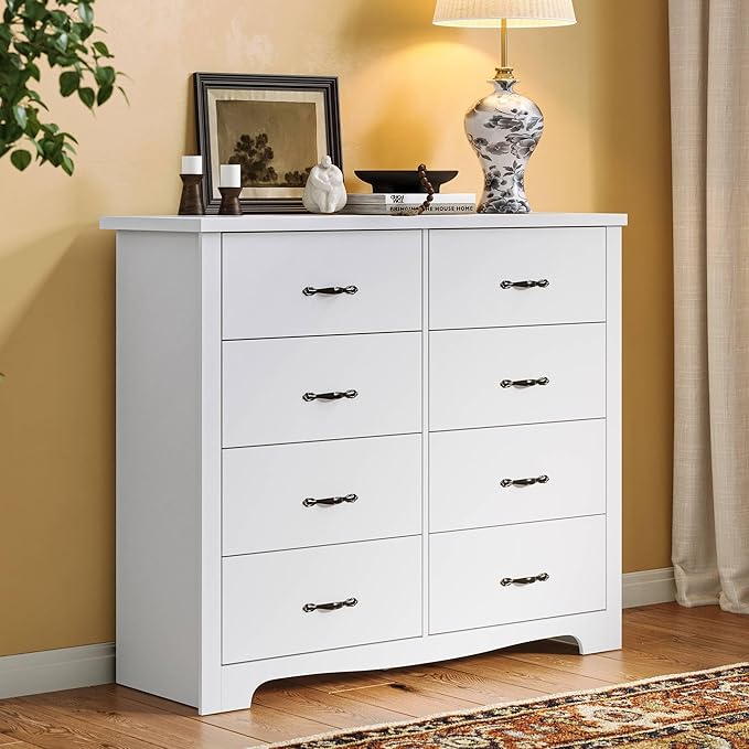 LINSY HOME 8 Drawers Dresser for Bedroom, 47" Wide Rustic Wood Dressers & Chests of Drawers, 40" Tall Modern Storage Dresser with Antique Handles for Closet, Living Room, Hallway, White