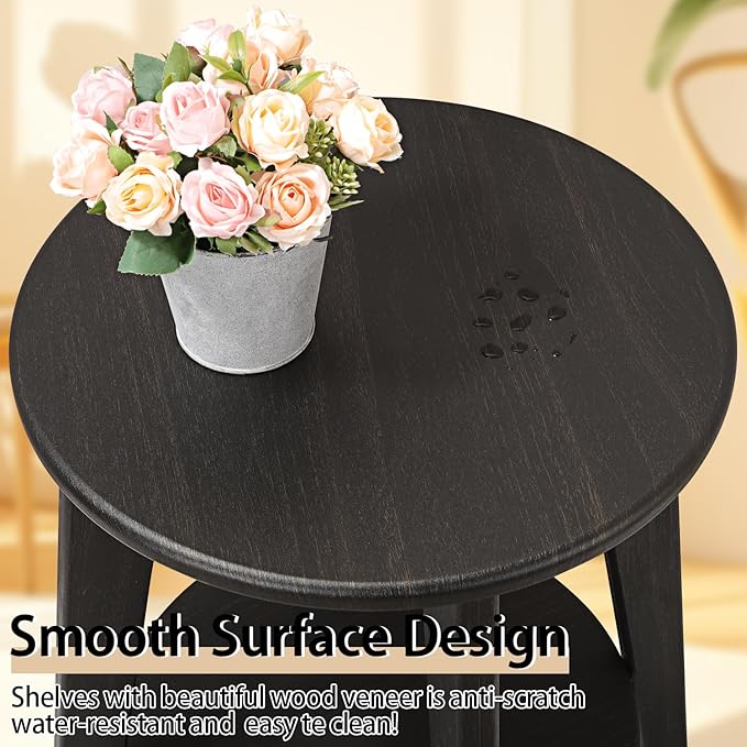 Round Side Table Black Gold Wooden End Table with Lower Shelf Rustic Vintage Nightstand Beside Table for Living Room Bedroom Small Spaces