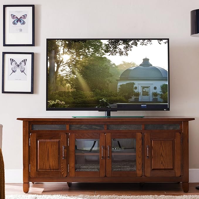 Leick Home 89360 Rustic Oak TV Stand with Slate Tiles and Enclosed Storage for 65" TV, Distressed Rustic Autumn