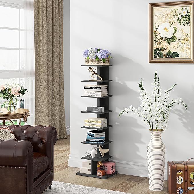 TUTOTAK Narrow Bookshelf, 8-Tier Bookcase, Spine Book Shelf for Small Space, Corner Standing Shelf for Living Room, Office, Study, Entryway, Black BS06BK008