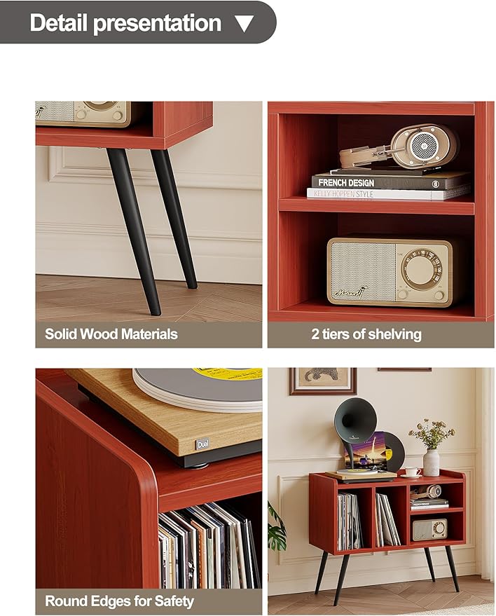 Record Player Stand with Vinyl Storage,Turntable Stand with Solid Wood Legs,Record Player Table Holds Up to 200 Albums,Vinyl Holder Storage Shelf for Bedroom Living Room,Walnut