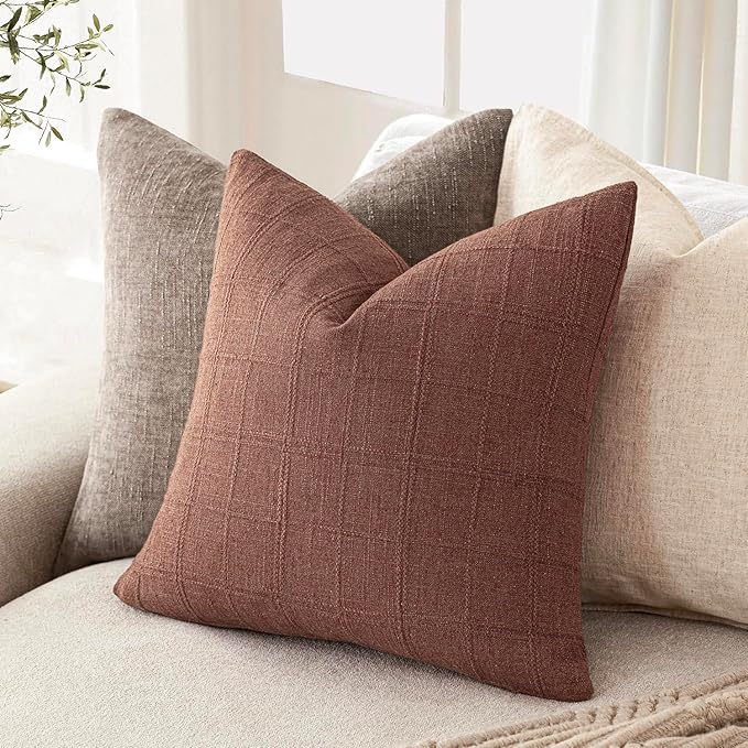 Foindtower Set of 2 Decorative Linen Check Throw Pillow Covers Neutral Farmhouse Vintage Cushion Covers Modern Boho Home Decor for Sofa Chair Couch Bedroom Living Room Outdoor,16×16 Inch,Autumnal Red